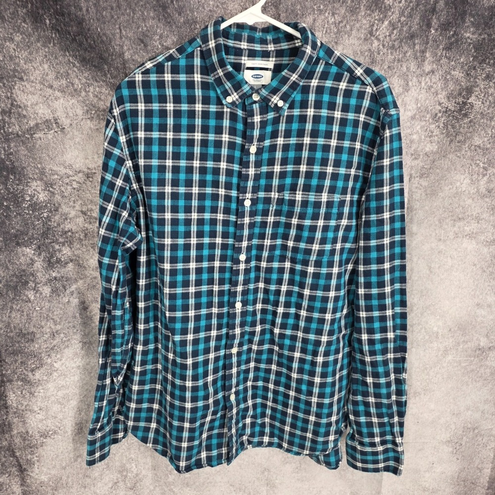 Old Navy Flannel Shirt Mens Large Blue Plaid Slim Fit Button Up Long Sleeve